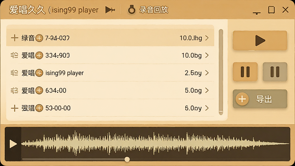 �����þã�ising99 player��¼���طŽ��棬��������ʾ¼���ļ��б��벨�λط������Ҳ��в��š���ͣ��������ť�����ֲ������ҷ������Ű����������Ϊůɫ����Ƶ����վ�Ӿ���ϸ�ڰ���¼��ʱ����ǩ���ļ���С��Ϣ���������ͼ�������������ɾ����޶���Ԫ�ء�