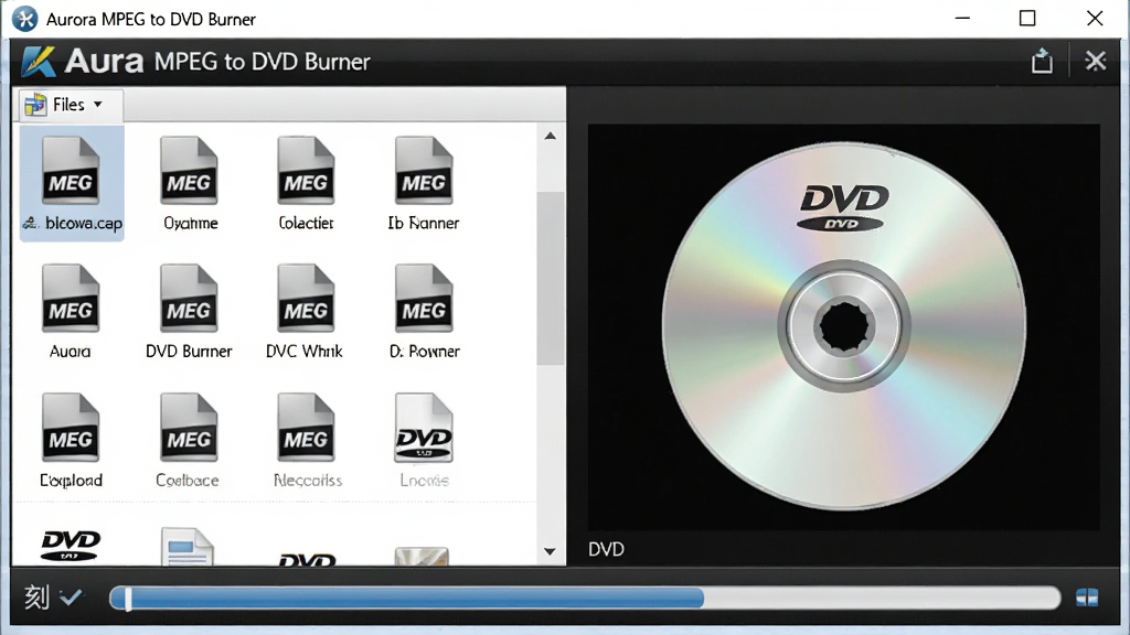 һ��չʾ Aurora MPEG to DVD Burner ���������ͼƬ���������������������ڣ�������ļ��б������Ҳ��� DVD ����Ԥ��ͼ���ײ��п�¼�����������岼�����������Ϊ�ִ����� UI ��ƣ�ϸ�ڰ��� MPEG �ļ�ͼ���� DVD ����ͼ�꣬�����������ɾ����޶���Ԫ�ء�