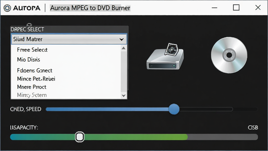 һ��չʾ Aurora MPEG to DVD Burner ��¼���ý����ͼƬ����������ʾ��¼��ѡ�������˵�����¼�ٶȻ����Լ���������ָʾ�������Ϊ��Լ����ϸ�ڰ�����¼��ͼ�������ͼ�꣬�����������ɾ����޶���Ԫ�ء�