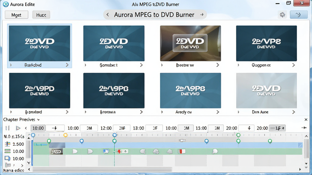 һ��չʾ Aurora MPEG to DVD Burner �˵��༭�����ͼƬ����������ʾ��� DVD �˵�����ͼģ�壬�Լ��½�ʱ����༭���򣬷��Ϊ����ǳɫ UI��ϸ�ڰ����˵�Ԥ��ͼ��ʱ���߱�ǵ㣬�����������ɾ����޶���Ԫ�ء�