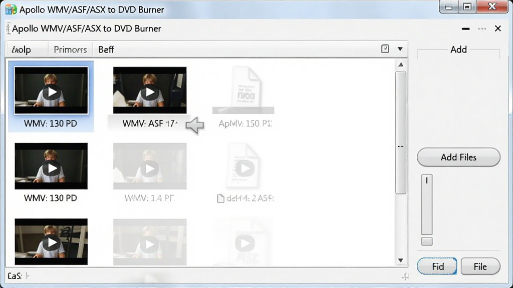Apollo WMV/ASF/ASX to DVD Burner �������ļ�������棬չʾ��� WMV �� ASF ��Ƶ�ļ�����ק�������б��еĳ��������������ʾ�ļ�����ͼ��ʱ����Ϣ���Ҳ��������ļ���ť���������ɾ�������࣬�����������޶���Ԫ��