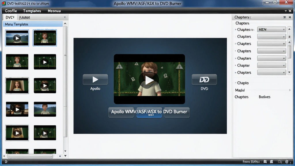 Apollo WMV/ASF/ASX to DVD Burner �� DVD �˵��༭���棬��Ļ����չʾһ��������Ƶ����ͼ��ť�� DVD �˵�Ԥ��������ǲ˵�ģ��ѡ���б����Ҳ����½�������壬���Ϊдʵ�����������ͼ�����ʸ��壬�ɾ����޶���Ԫ��
