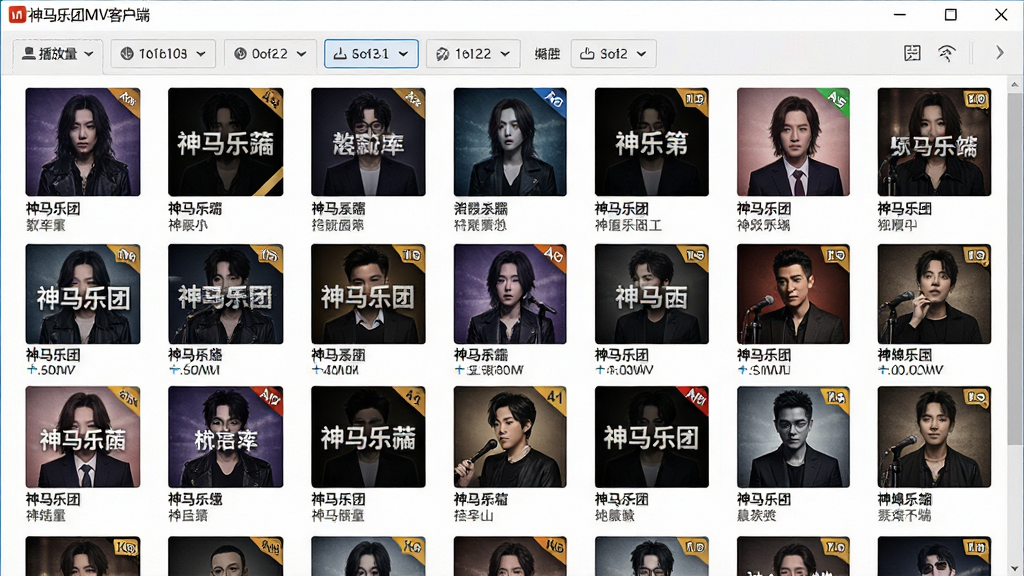 一张展示神马乐团MV客户端资源库页面的图片,画面中软件窗口内排列着大量MV封面缩略图,每张封面下方标注歌曲名与歌手名,顶部有分类筛选标签,整体风格为整洁的桌面应用界面,色彩明亮,细节包括播放量数字、清晰度角标,画质高清,干净无多余元素,图中文字“神马乐团MV客户端”