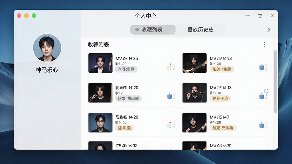 一张展示神马乐团MV客户端个人中心页面的图片,画面中软件窗口内显示收藏列表和播放历史两个标签页,下方列出多首MV记录,左侧有用户头像和昵称,整体风格为清爽的桌面应用界面,细节包括时间戳、推荐标签,画质高清,干净无多余元素