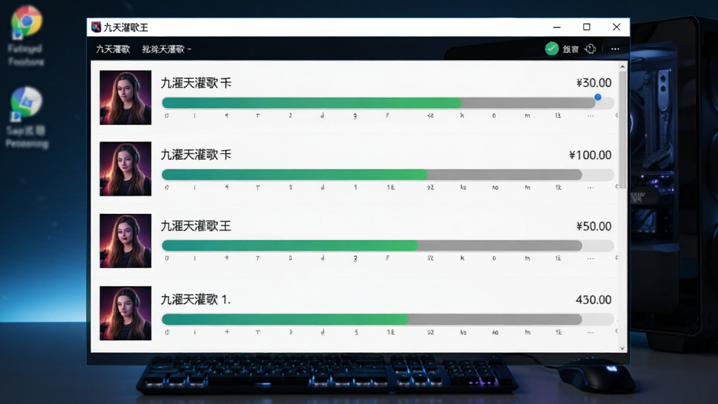一张展示批量灌歌过程的界面图,画面中九天灌歌王软件正在同时处理多个歌曲文件,屏幕上显示进度条和已完成数量,背景是电脑桌面,整体风格科技感强,色彩明亮,画质清晰,干净无多余元素