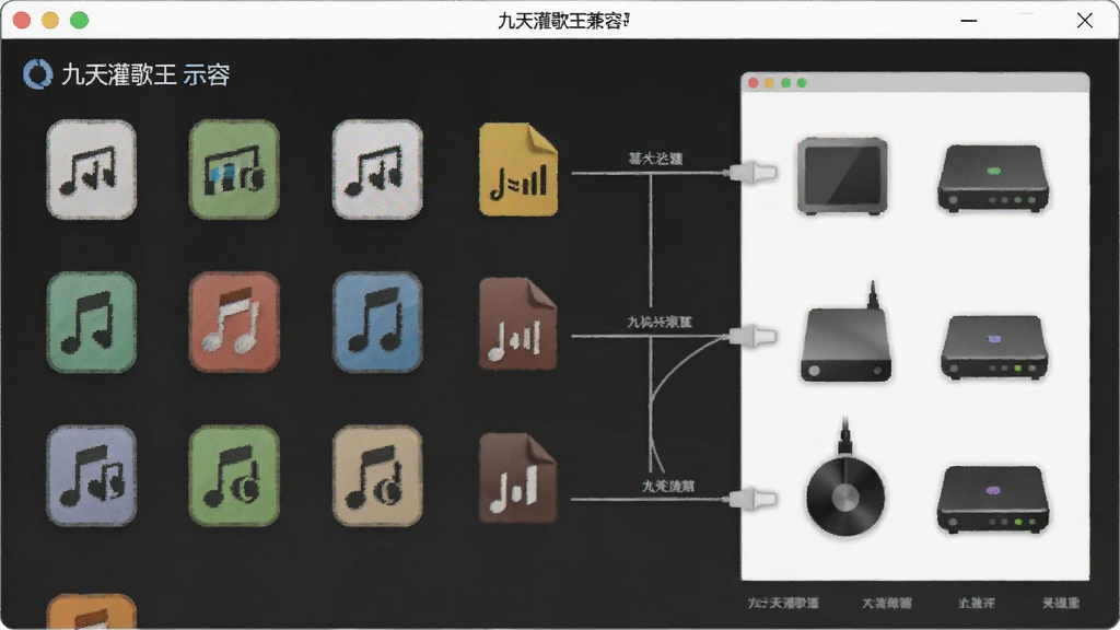 一张展示九天灌歌王格式兼容性的示意图,画面中软件界面列出多种音频格式图标和存储设备图标,用连线表示兼容关系,背景干净整洁,风格简约商务,画质清晰,无多余元素