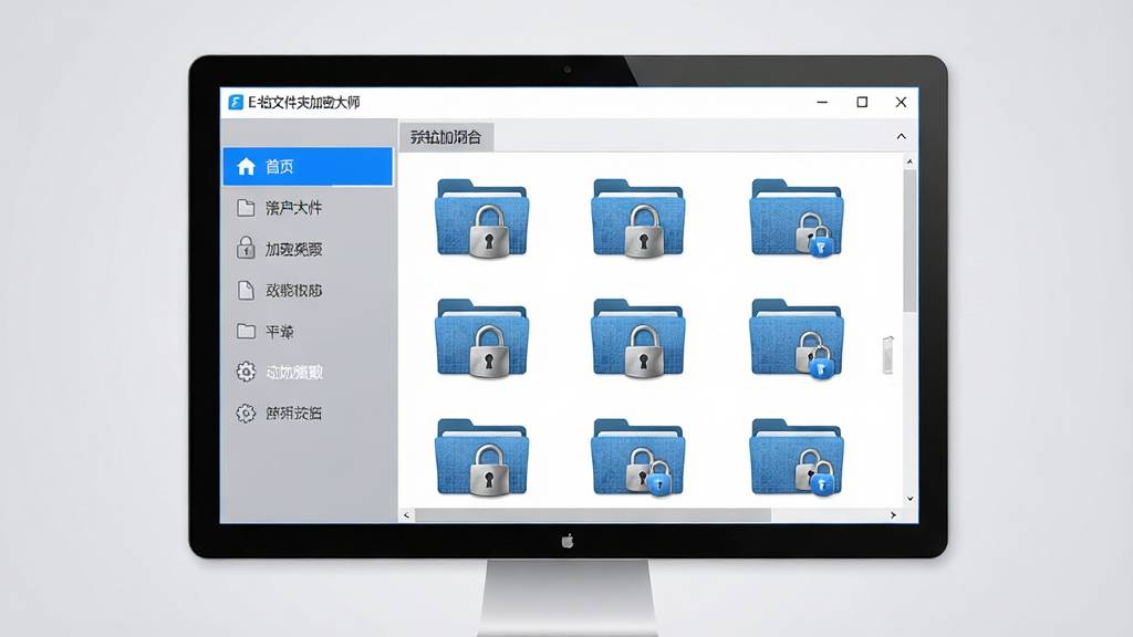 一张展现E-钻文件夹加密大师软件界面的主图,主体为电脑屏幕居中显示软件窗口,窗口内排列着文件夹图标与锁形标志,布局采用左右分栏结构,左侧为功能导航,右侧为文件列表区域,排版简洁清晰,风格为现代扁平化科技风,细节包括金属质感的锁扣、蓝色高亮按钮、文件夹表面带有细微网格纹理,画质为2K高清,画面干净无多余元素,背景为浅灰色渐变。