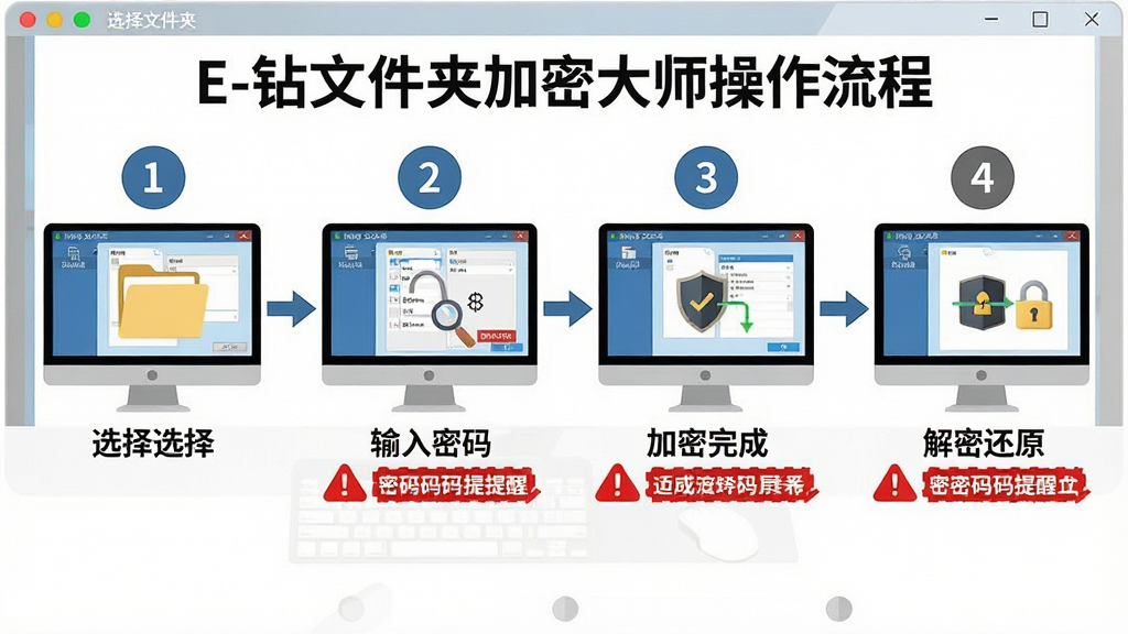 一张展示E-钻文件夹加密大师操作流程的步骤图,主体为电脑屏幕上的四步操作示意图,布局为从左到右的横向流程图,排版依次为选择文件夹、输入密码、加密完成、解密还原,风格为扁平化教程插图,细节包括每一步的软件界面缩略图、箭头连接、步骤编号圆圈、红色警示图标标注密码提醒,画质为1080P高清,画面干净无多余元素,背景为白色。