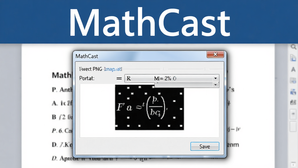MathCast��������չʾͼ���������������ơ�MathCast����ʾ�ڶ������·�չʾ��ʽ����ΪPNGͼƬ�ĶԻ��򣬱���Ϊ�ĵ�ҳ�棬����Ϊ���е��������Ϊ�������ϸ�ڰ�����ʽѡ�������˵��뱣�水ť�����ʸ��壬�ɾ����޶���Ԫ��