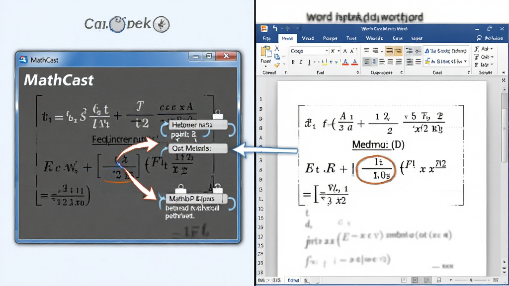 MathCast����ʹ�ü���ʾ��ͼ�������С�MathCast����������λ����࣬�Ҳ���ʾWord�ĵ����Ѳ���Ĺ�ʽ������Ϊ˫���Աȣ����Ϊ�̳����ͼ��ϸ�ڰ�����ͷָʾ����ճ��������ģ�����·�������ʸ��壬�ɾ����޶���Ԫ��