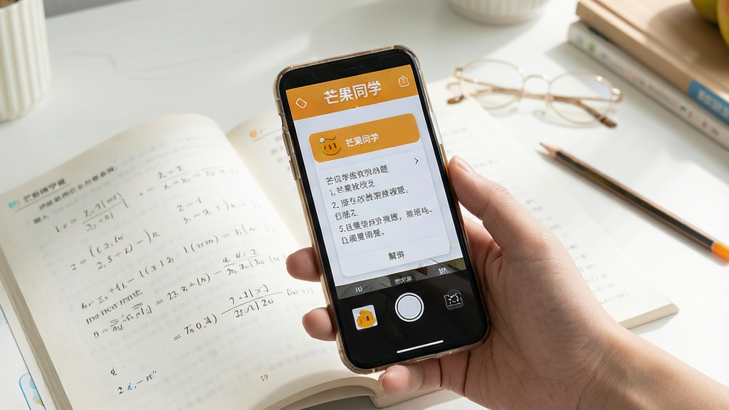 һ��չʾâ��ͬѧApp�������⹦�ܵĳ���ͼ��������һֻ�������ֻ���׼һ���򿪵���ѧ��ϰ�����գ��ֻ���Ļ����ʾ����ʶ����Ŀ���������ⲽ��Ļ��棬��Ļ�Ϸ���