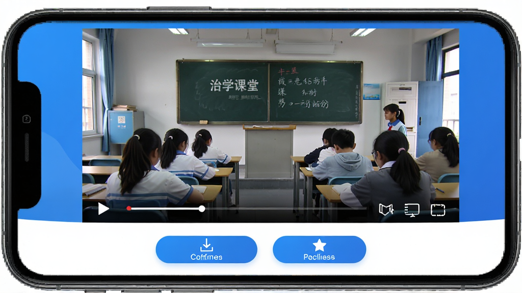����Ϊ����ѧ���á�APP���ֻ��ϵ����н�ͼ������Ϊȫ����ʾ�γ���Ƶ���Ž��棬�·������غ��ղذ�ť���Ű�Ϊ���½ṹ����Ƶ����ռ��Ҫ���֣����Ϊ�ִ����߽���Ӧ�ý��棬ɫ������ɫ�Ͱ�ɫΪ����ϸ�ڰ�����������Ƶ����Ͳ�����ť������Ϊ���壬�ɾ��޶���Ԫ��