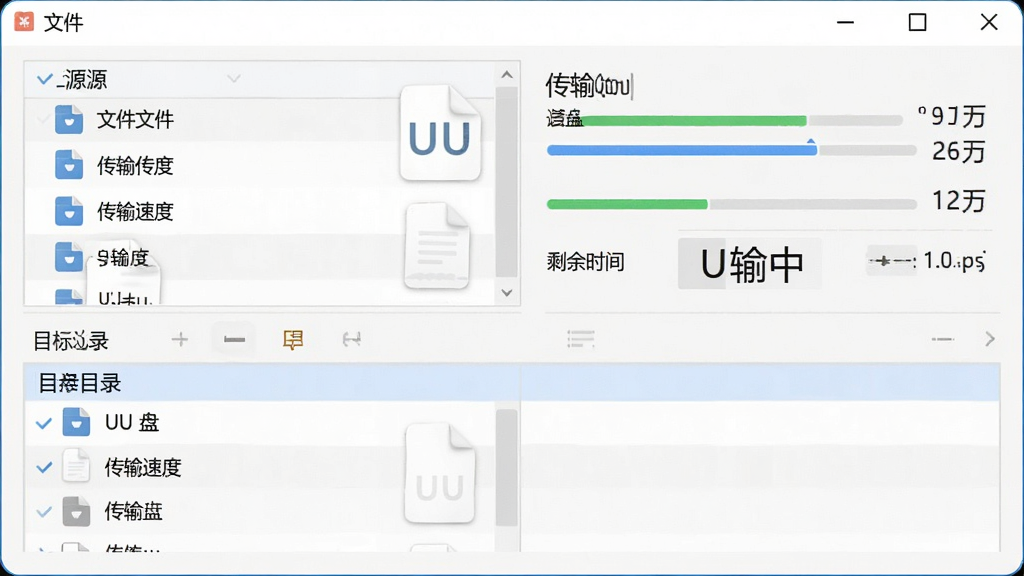 UU���ļ����书�ܽ��棬����Ϊ���������еĴ��������壬�����Ϸ�ΪԴ�ļ��б��·�ΪĿ��U��Ŀ¼���Ű�������ҷ����ṹ�����Ϊ��ˬǳɫϵ��ϸ�ڰ����������������ٶ���ֵ��ʣ��ʱ�����ֺ��ļ�ͼ�꣬�����г������֡�UU�̡��͡������С�����������������ɾ����޶���Ԫ��