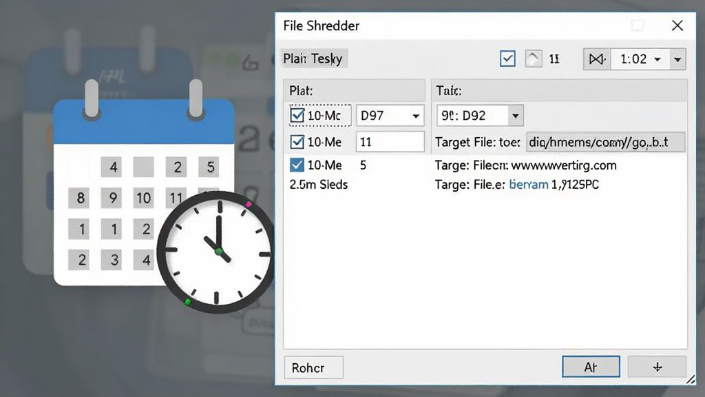�����ƻ��������ý��棬��������һ��������ʱ����ϵ�ͼ�꣬�Ա��� File Shredder �Ĵ��ڣ���������ʾ�ƻ������б�������ʱ���趨��Ŀ���ļ���·��������Ϊ���ҷ��������������ϸ�ڰ�����ѡ����ʱ��ѡ�����������������ɾ����޶���Ԫ��