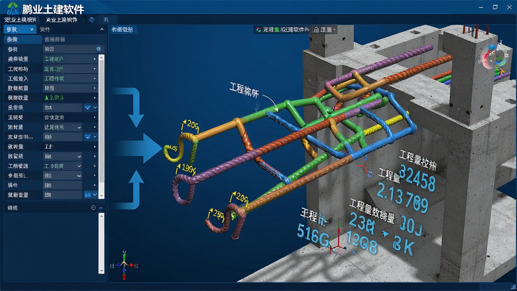 画面主体为鹏业土建软件中的钢筋三维模型界面,布局上左侧是参数输入面板,中央是彩色钢筋骨架与混凝土构件叠加显示,排版突出数据联动箭头,风格为科技蓝调写实风,细节包括钢筋弯钩角度标注和工程量数字跳动,画质高清干净,无多余元素