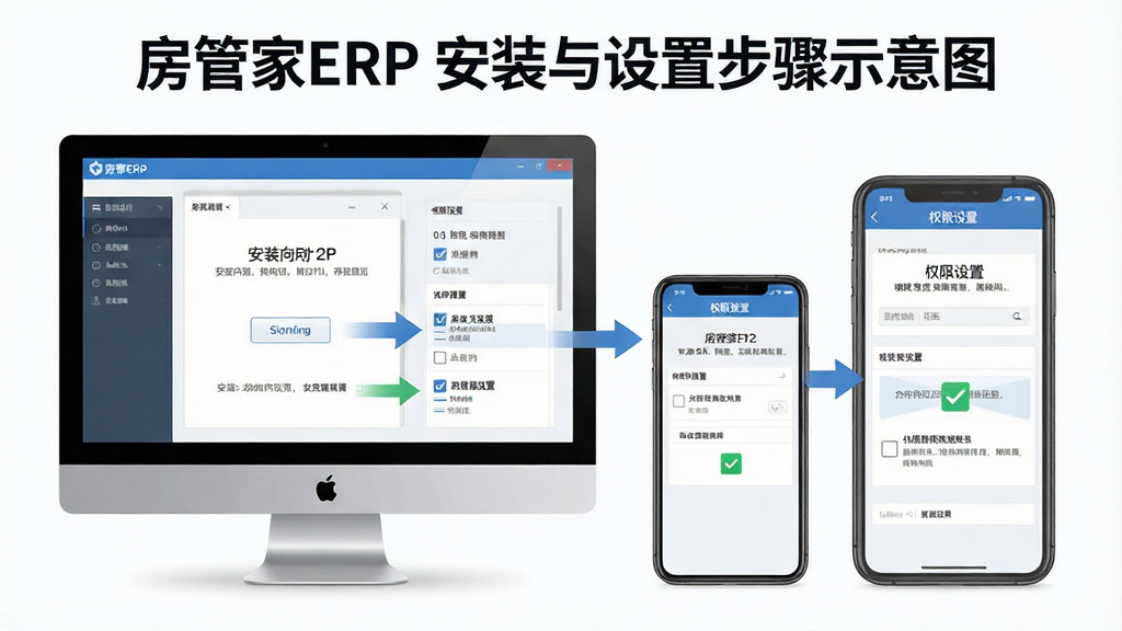 һ�š����ܼ�ERP����װ�����ò���ʾ��ͼ������������һ��������Ļ��һ���ֻ�����չʾ����Ļ�Ϸֱ���ʾ��װ�򵼽����Ȩ�����ý��棬����Ϊ���ҶԱ��Ű棬���Ϊ�̳�ͼ��磬ϸ�ڰ��������š���ͷָʾ����ѡ�򣬻�������������ɾ����޶���Ԫ��
