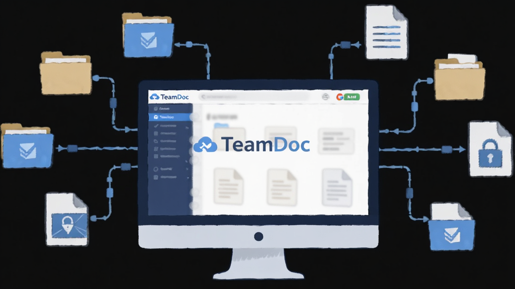 һ������TeamDoc���д洢���ܵĲ廭������������һ̨������Ļ��ʾTeamDoc���棬��Χ�ж������������ӵ���ͬ�ļ�ͼ�꣬�����ĵ���ۣ����־��У�����ƽ���Ƽ��У�ϸ�ڰ����ļ��С��ĵ�ͼ�ꡢ���ΰ�ȫ��ʶ�������д���