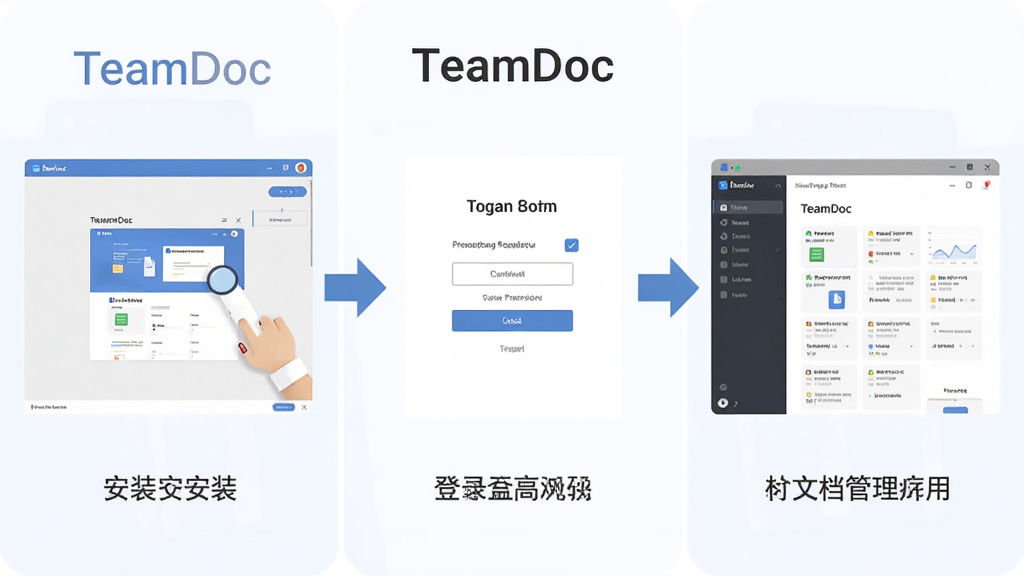 һ��չʾTeamDocʹ�ý̳̲����ͼƬ�������Ϊ�������֣�����ǰ�װ���棬�м��ǵ�¼���棬�Ҳ����ĵ����������棬�ü�ͷ���ӣ�����ƽ����ѧͼ�������а���