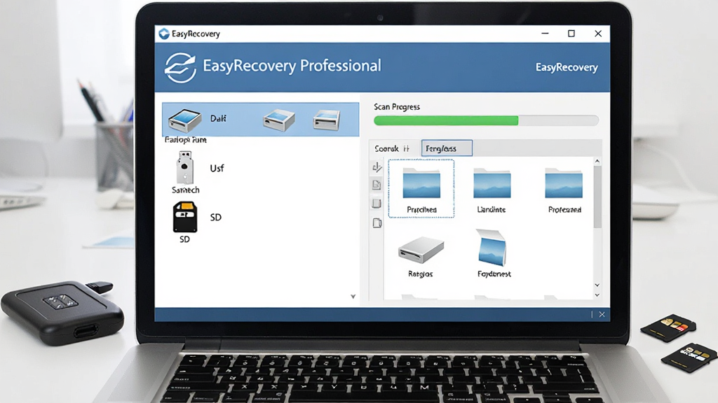 һ��չʾ EasyRecovery Professional ����������ĳ���ͼ������������һ̨�򿪵ıʼǱ����ԣ���Ļ����ʾ�� EasyRecovery Professional �Ļָ��򵼽��棬����г�Ӳ�̡�U�̡�SD���ȴ洢�豸ͼ�꣬�Ҳ���ɨ����������ļ�Ԥ�����򡣱���������İ칫���棬�Ա߷���һ���ƶ�Ӳ�̺ͼ���SD����������Ϊдʵ�Ƽ��磬ɫ�������׻�Ϊ��������ɾ�������ϸ�����������ʸ��壬�޶���Ԫ�ظ��š�