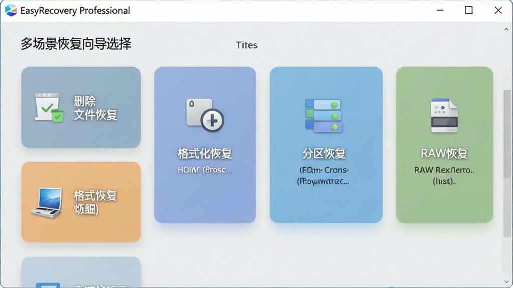 һ��չʾ EasyRecovery Professional �ೡ���ָ���ѡ������ͼƬ�������в��ų����Ŷ����Ƭʽѡ��ֱ��ע��ɾ���ļ��ָ�������ʽ���ָ����������ָ�����RAW�ָ�����������ÿ����Ƭ���м���ͼ��ͼ��˵����������Ϊ�ִ���ƽ����ƣ�ɫ����ͣ���������������Ϊǳ��ɫ�����廭��ɾ����࣬���ʸ��塣