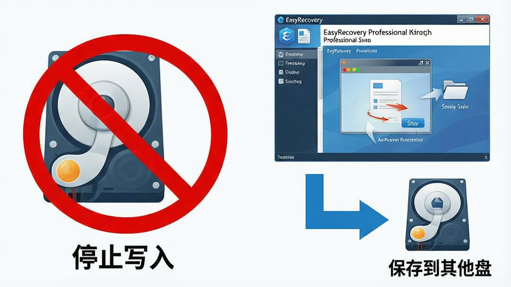 һ��չʾ EasyRecovery Professional �ָ�����ע�������ʾ��ͼ�����������һ��Ӳ��ͼ���Աߴ��ź�ɫ��ֹ���ţ���ע��ֹͣд�롱���Ҳ��� EasyRecovery Professional ������������ɨ�裬�·��м�ͷָ����һ�齡����Ӳ�̱�ע�����浽�����̡���������Ϊ��Ϣͼ��ƣ�ɫ�ʶԱ���������ɫ��ʾ����ɫ������ʾ���������ʸ��壬�������ࡣ