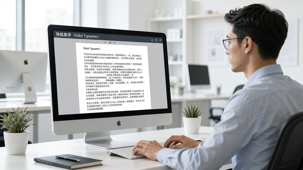 一位办公人员坐在电脑前,屏幕上显示“排版助手(Gidot Typesetter)”正在将一段杂乱文字自动整理成整齐段落,画面明亮,现代办公室环境,简洁明快,高清画质