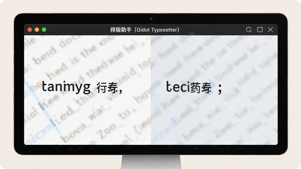 细节特写画面,屏幕中央显示“排版助手(Gidot Typesetter)”正在将英文逗号替换为中文逗号,左右对比清晰,背景为柔和浅色,干净无杂乱,高清画质