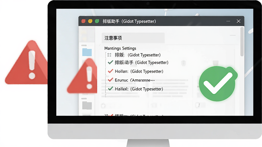电脑屏幕上显示“排版助手(Gidot Typesetter)”的设置界面,旁边有红色警示标志和绿色对勾图标,表示注意事项,简洁扁平化风格,高清画质