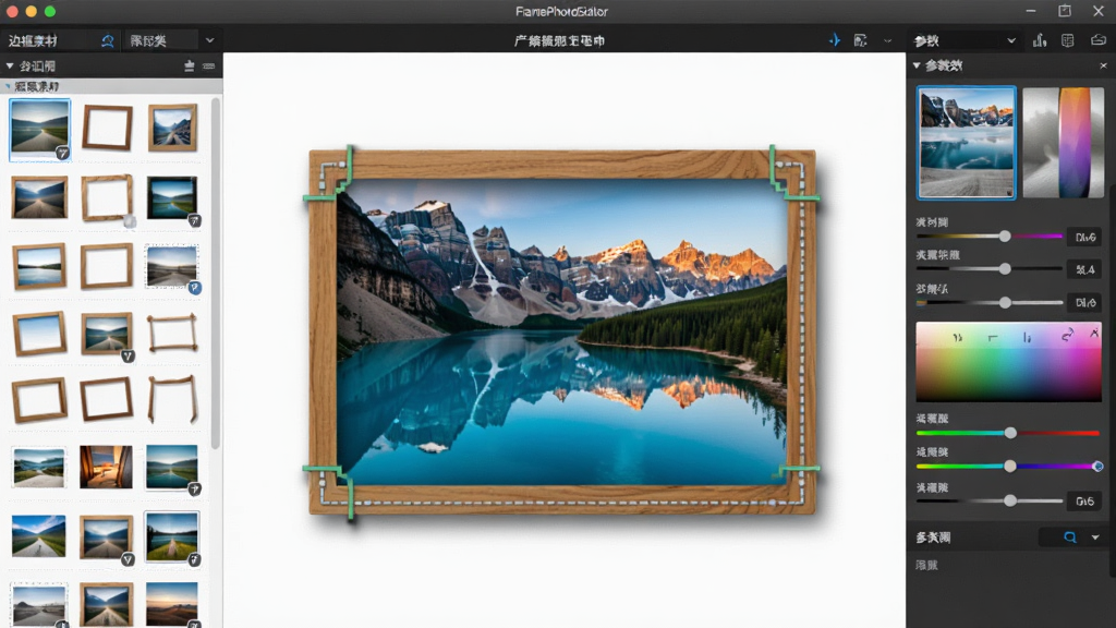 FramePhotoEditor ����������ȫ��չʾ������������һ�ŷ羰��Ƭ���ڱ�����ľ��������Ϊ�߿��زķ����б����Ҳ�Ϊ����������壬���岼��Ϊ��������ʽ�������棬���Ϊ�ִ���Լ�Ƽ��У�ϸ�ڰ�������ͼԤ�����߿���ӰЧ����ɫ�ʵ������飬���������ɾ����޶���Ԫ�أ���Ļ����ʹ�����ı�ע
