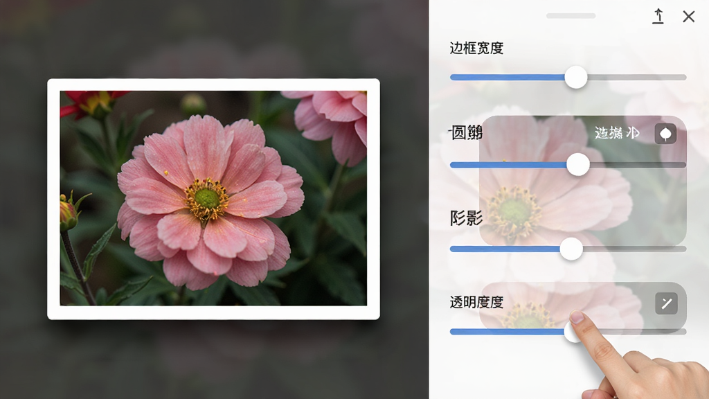 FramePhotoEditor ���������������������������Ϊ��ƬԤ������һ�Ż�����Ƭ���а�ɫ�߿�������Ӱ���Ҳ�Ϊ���������壬�����߿���ȡ�Բ�ǡ���Ӱ��͸�����ĸ�������û������϶�Բ�ǻ��飬����ͬ���仯��������Ϊ�ִ���ƽ����ƣ����������ɾ����޶���Ԫ�أ���������ʹ�����ı�ע