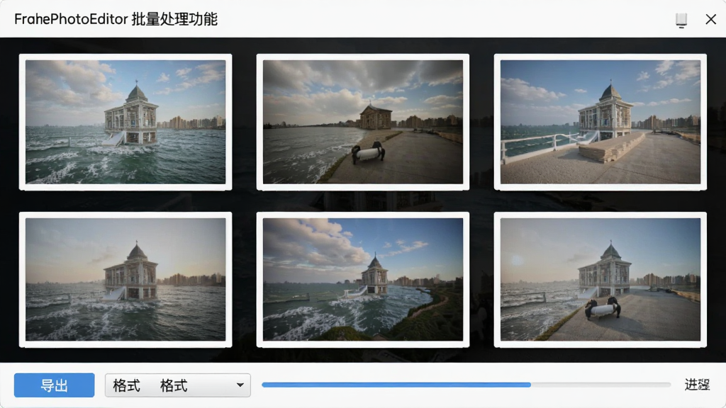 FramePhotoEditor �����������ܽ��棬��������ʾ������Ƭ����ͼ���г����У�ÿ����Ƭ����������ͬ�ļ�Լ��ɫ�߿򣬵ײ��е�����ť�͸�ʽѡ��˵�����������ʾ������ɣ�������Ϊ��Լ����磬���������ɾ����޶���Ԫ�أ���������ʹ�����ı�ע
