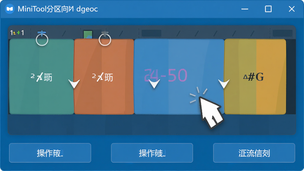 MiniTool���������������������չʾ������Ϊ���̷�����״ͼ�������ק���������Ļ��棬����Ϊ�Ϸ����������·�������ť���Ű����������Ϊ��ƽ���Ƽ�����ϸ�ڰ�������ɫ�顢�������֡���ק��ͷ�����ʸ��壬�ɾ��޶���Ԫ��