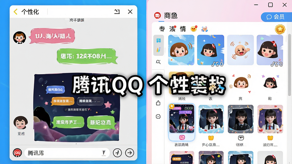 һ��չʾ��ѶQQ���Ի�װ�繦�ܵĽ���ͼ����������Ϊ���촰����װ���̳�ҳ�棬���ֲ������ҷ��������չʾ���Ի���������������Ƥ��Ч�����Ҳ�չʾ�����̳��еĶ�̬�����б����Ű�������죬���Ϊ���ữ������ƣ�ϸ�ڰ�����ɫ���ݡ���̬����Ԥ������������ͼ����Ա��ʶ��Ԫ�أ����ʸ��塢����ɾ����޶���Ԫ�أ�ͼƬ�б�ע���֡���ѶQQ ����װ�硱