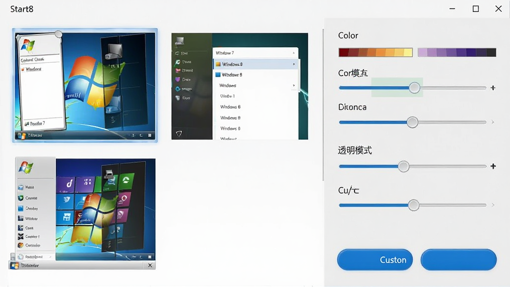 Start8 �˵���ʽ���ý��棬�����ʾ���ֲ�ͬ���Ŀ�ʼ�˵�����ͼԤ�����ֱ��� Windows 7 ����˫����Windows 8 ����б����Զ�����ģʽ���Ҳ�Ϊ��ɫ��͸���ȵ��ڻ��飬�������ǳ��ɫ��������ɫ������ť�����岼�����������ʸɾ����޶���Ԫ��