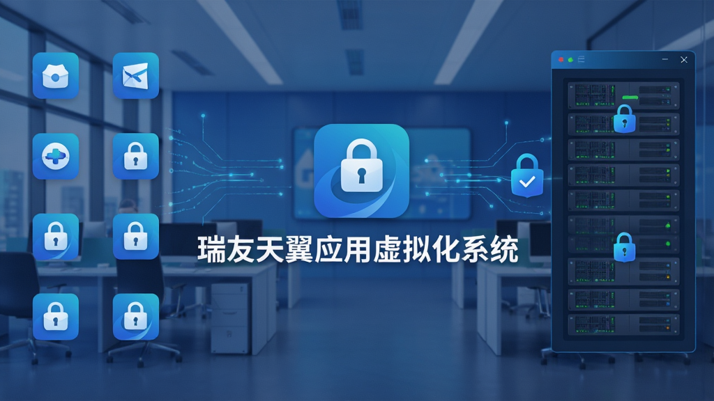 瑞友天翼应用虚拟化系统官方主界面,画面中央展示软件Logo与名称“瑞友天翼应用虚拟化系统”,背景为现代化企业办公场景,左侧排列多个虚拟化应用图标,右侧显示服务器连接状态面板,整体布局清晰有序,排版采用分栏式设计,风格为简约商务科技风,细节包括蓝色渐变色调、数据流动线条、锁形安全标识,画质为4K高清,干净整洁,无多余元素