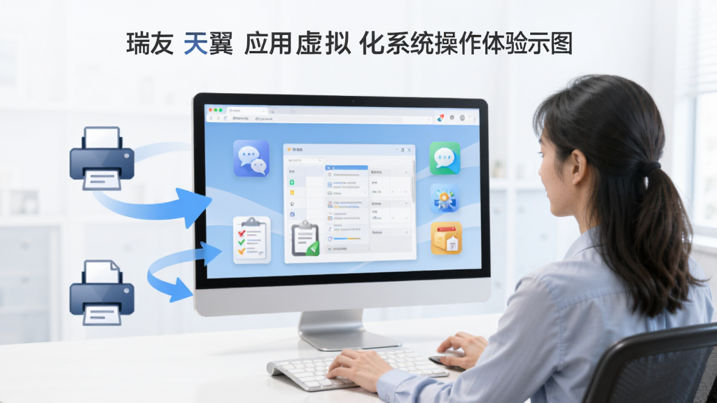 瑞友天翼应用虚拟化系统操作体验展示图,画面展示用户正在流畅操作虚拟化应用界面,布局为居中聚焦式排版,风格为简约商务风格,细节包括流畅的动画箭头、打印机图标、剪贴板图标,画质为高清,干净无多余元素