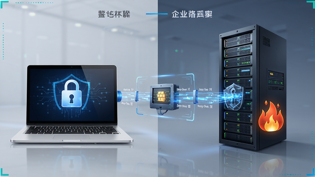 瑞友天翼应用虚拟化系统安全接入示意图,画面展示一台笔记本电脑通过加密隧道连接到企业服务器,布局为左右对比式排版,风格为网络安全主题风格,细节包括SSL锁图标、加密数据流、防火墙标识,画质为高清,干净无多余元素