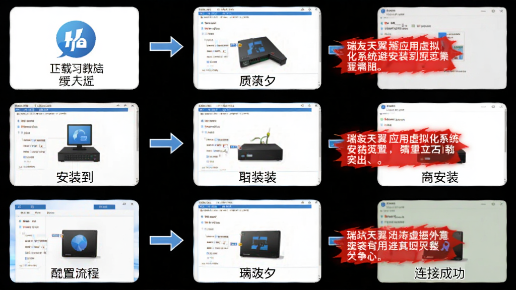 瑞友天翼应用虚拟化系统安装配置流程图,画面展示从下载到安装再到连接成功的完整步骤,布局为纵向流程式排版,风格为教程图解风格,细节包括每一步的操作截图示意、箭头引导、红色避坑提示框,画质为高清,干净无多余元素