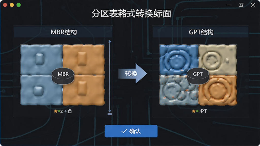 ��������ʽת�����ܽ��棬������չʾMBR��GPT���ַ�������ʽ�ĶԱ�ʾ��ͼ�����ΪMBR�ṹ���Ҳ�ΪGPT�ṹ��������רҵ������ת����ͷ��ȷ�ϰ�ť�����廭�ʣ�ͻ�����ʽ��������