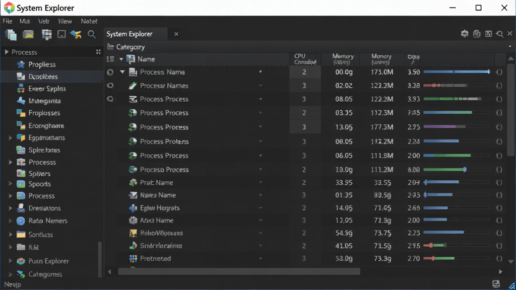 һ��չʾϵͳ̽����(System Explorer)�����������ͼƬ����������Ϊ�������ڣ�����Ƿ��ർ�������Ҳ�����ϸ�Ľ����б����б�����ʾ�������ơ�CPUռ���ʡ��ڴ�ʹ���������ݣ����ڲ����������Ű����룬���Ϊ�ִ��Ƽ��У���ɫ���⣬ϸ�ڰ���ͼ�ꡢ����ͼ���ͽ����������ʸ��壬�ɾ����޶���Ԫ�ء�