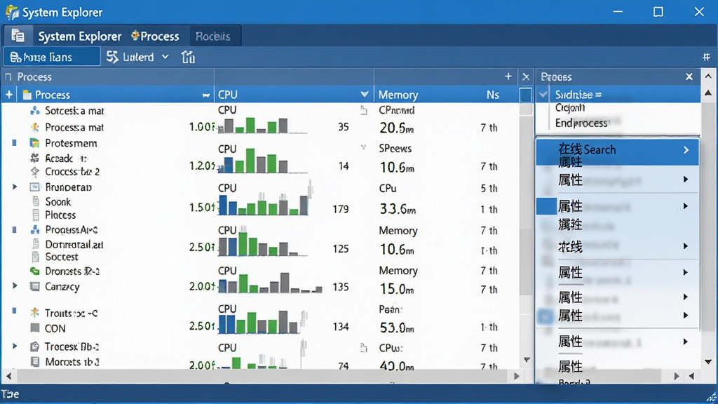 һ��չʾϵͳ̽����(System Explorer)���̹������ܵ�ͼƬ����������Ϊ�������棬��Ļ��������ϸ�Ľ����б���ÿ�������Ա���ʾ��CPU���ڴ�ռ�õ�С����״ͼ�������Ҳ൯���Ҽ��˵����˵��а����������̡��������������Ե�ѡ������רҵ����ɫ��Ϊ���������������ɾ����޶���Ԫ�ء�