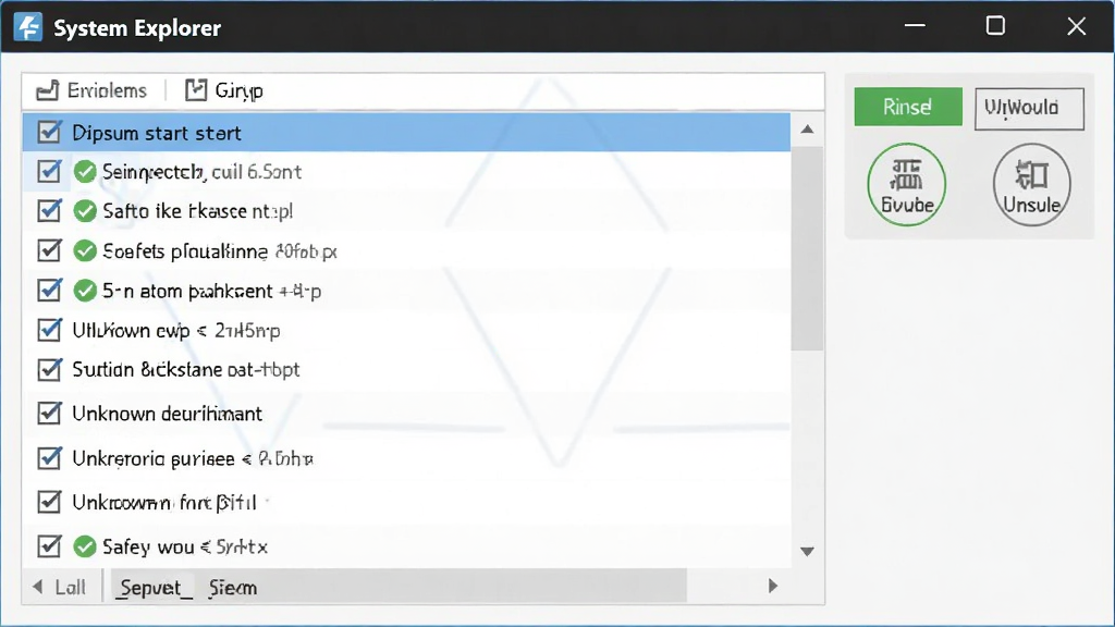 һ��չʾϵͳ̽����(System Explorer)������������ܵ�ͼƬ����������Ϊ�������ڣ��б���չʾ�Ŷ�����������ÿ����Ŀǰ�и�ѡ�򣬲�����Ŀ�����Ϊ��ȫ��δ֪�������Ҳ������á����ð�ť�����ɾ����࣬ǳɫ���������ʸ��壬�޶���Ԫ�ء�