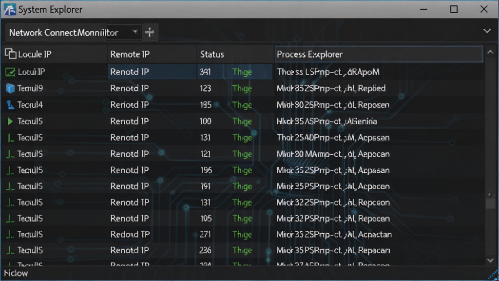 һ��չʾϵͳ̽����(System Explorer)�������Ӽ�ع��ܵ�ͼƬ����������Ϊ�������ڣ��б�����ʾ�Ŷ���TCP���Ӽ�¼����������IP��Զ��IP��״̬�Ͷ�Ӧ�Ľ������ƣ�������Ϊ��ɫ�Ƽ��磬�����������룬���ʸ��壬�ɾ����޶���Ԫ�ء�