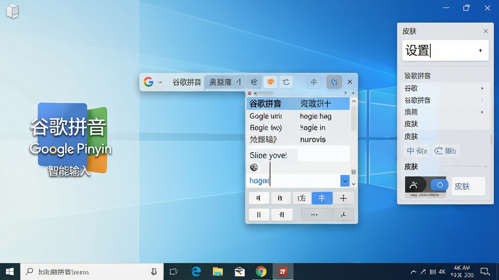 �ȸ�ƴ�����뷨��������ȫ��չʾ������ΪWindows�����������������İ�͸��ƴ�����뷨״̬�����ѡ�ʴ��ڣ���������Ļ���չʾ����logoͼ�꣬�Ҳ�չʾ���뷨������壬�Ű���þ��й�ͼ�����Ϊ�ִ���Լ�Ƽ��磬ϸ�ڰ�����ѡ�ʸ�����ʾ��ƴ�����������Ӣ���л���ť��Ƥ���л���ڣ�����Ϊ4K���塢�ɾ��޶���Ԫ�أ������д����֡��ȸ�ƴ������Google Pinyin�����������롱