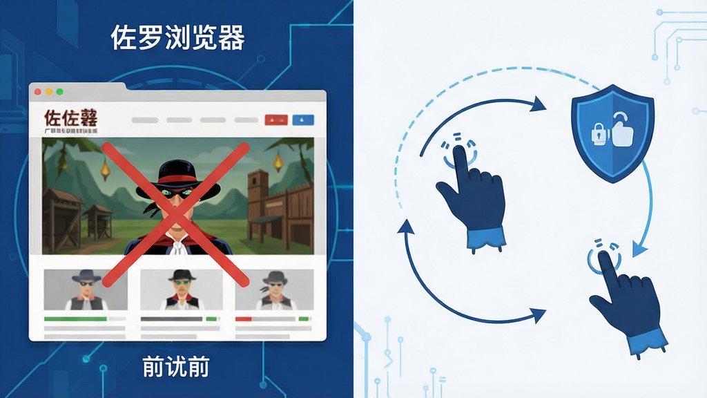 佐罗浏览器功能特色展示图,主体为分屏对比布局,左侧展示广告拦截功能拦截前后的网页对比,右侧展示鼠标手势轨迹与隐私防护盾牌图标,布局左右对称,排版清晰,风格为扁平化科技插画,细节包含拦截标记、盾牌、手势线条与