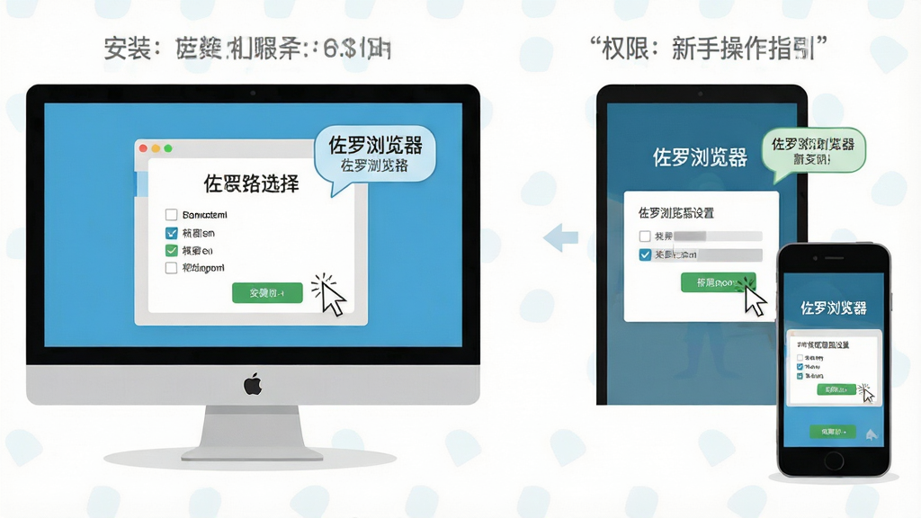 佐罗浏览器新手操作指引图,主体为电脑屏幕与手机屏幕并排展示,布局左屏显示安装路径选择界面,右屏显示权限设置界面,排版左右对照,风格为扁平化教程插画,细节包含鼠标指针、勾选框、