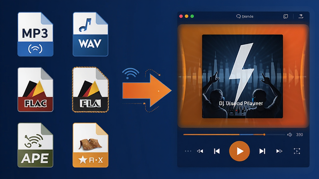 һ��չʾ�׵�DJ����������֧�ֶ�����Ƶ��ʽ��ʾ��ͼ���������������MP3��WAV��FLAC��APE�ȸ�ʽͼ�꣬�Ҳ����������Ž������ڲ������֣��м��м�ͷ��ʾֱ�����뼴�ɲ��š������������죬ɫ��������������Ϊ����ͻ���Ƽ���������ԣ������������ɾ��޶���Ԫ�ء�