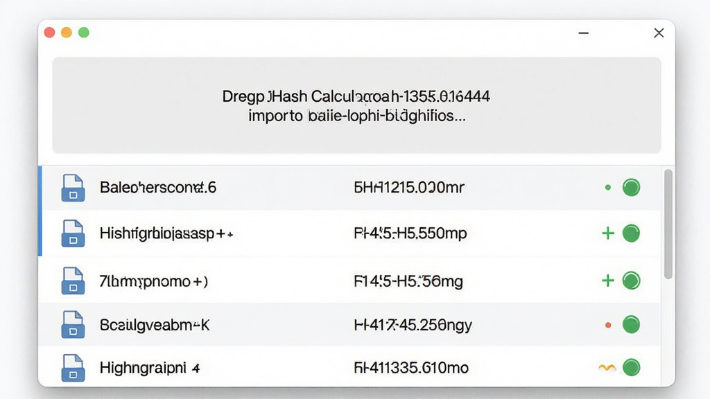 一张展示格西Hash计算器拖拽导入与批量处理功能的图片,主体为软件窗口中多个文件以列表形式排列,每个文件旁显示对应哈希值,布局为上下结构,上方为拖拽区域提示,下方为文件队列,排版整齐,风格为简约商务风,细节包含文件图标、文件名、哈希值、状态标识,画质清晰,干净,无多余元素。