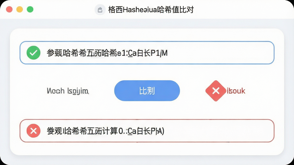 一张展示格西Hash计算器哈希值比对功能的图片,主体为软件界面中上下两个输入框分别显示参考哈希值和计算哈希值,中间有比对按钮和结果标识,布局为上下对称结构,排版清晰,风格为柔和圆角风,细节包含绿色对勾图标、红色叉号图标、文字提示,画质清晰,干净,无多余元素。