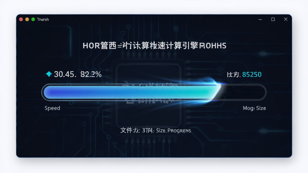 一张展示格西Hash计算器极速计算引擎的图片,主体为软件界面中进度条快速推进的动画效果,布局为居中显示,排版简洁,风格为动感科技风,细节包含速度数值、进度百分比、文件大小标识,画质清晰,干净,无多余元素。